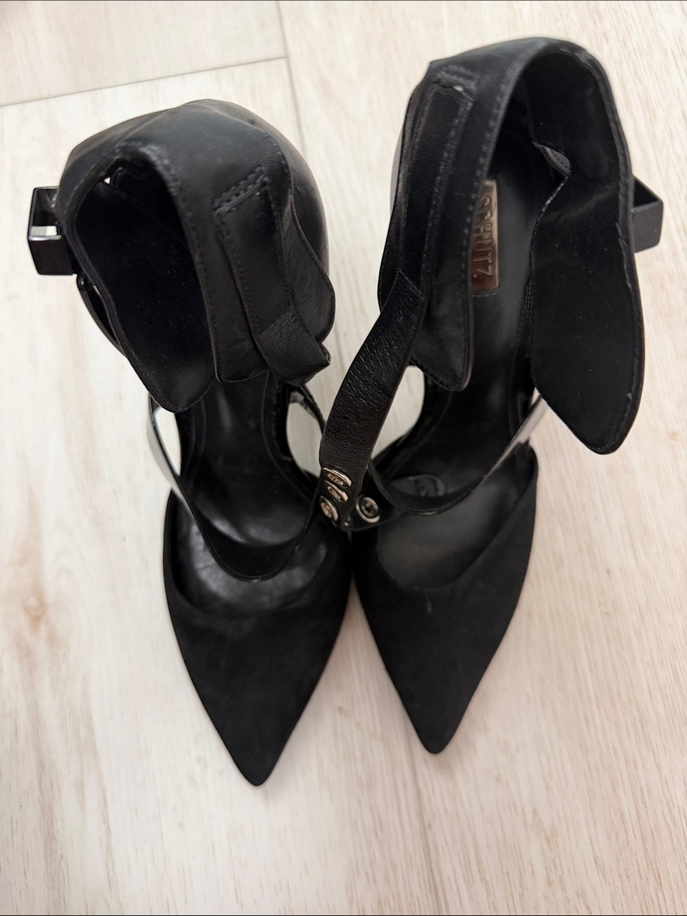 Black Pointed Toe Ankle Strap Heels